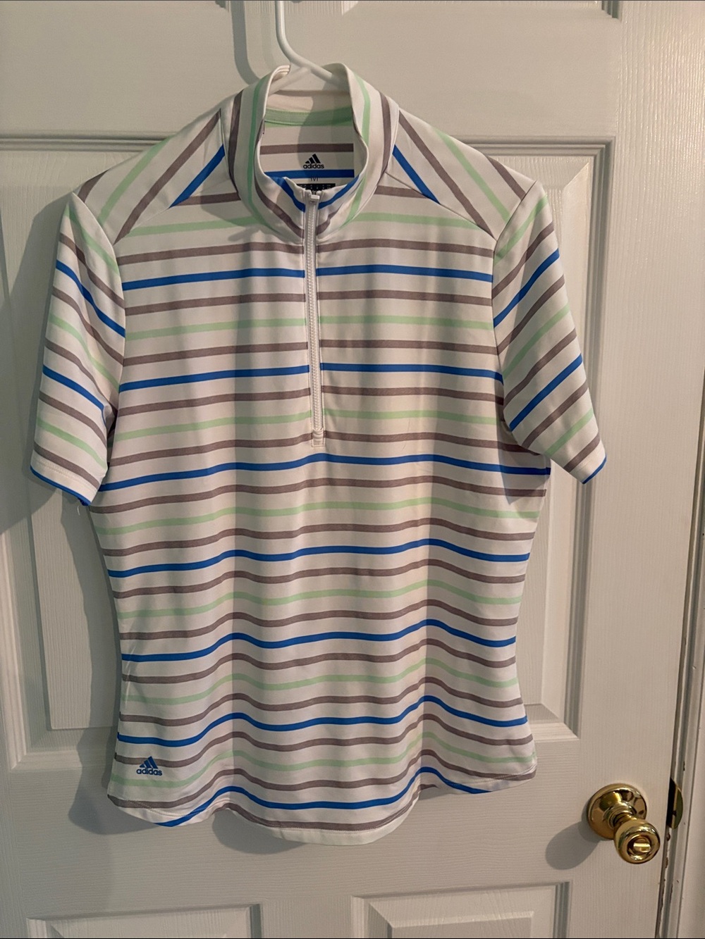 adidas Women’s Golf White Stripe Polo with Blue and Mint Accents